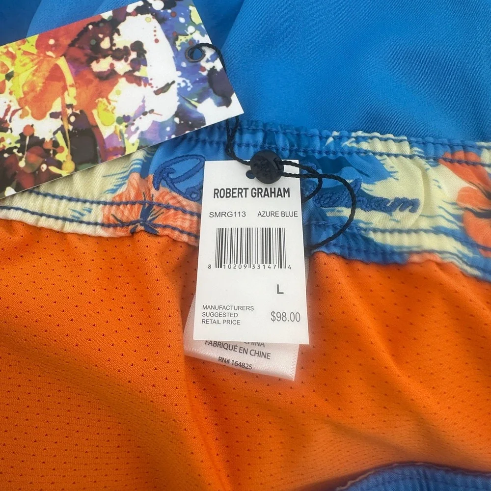 Robert Graham Swim Trunks Mens Large Azure Blue Floral Pocket Regular Modern New